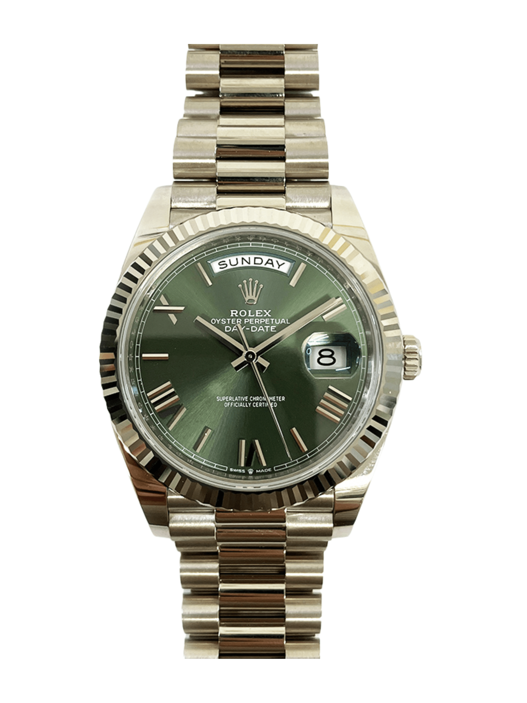 Rolex Day-Date 40 White Gold Olive Green Roman Dial 228239 Bracelet
