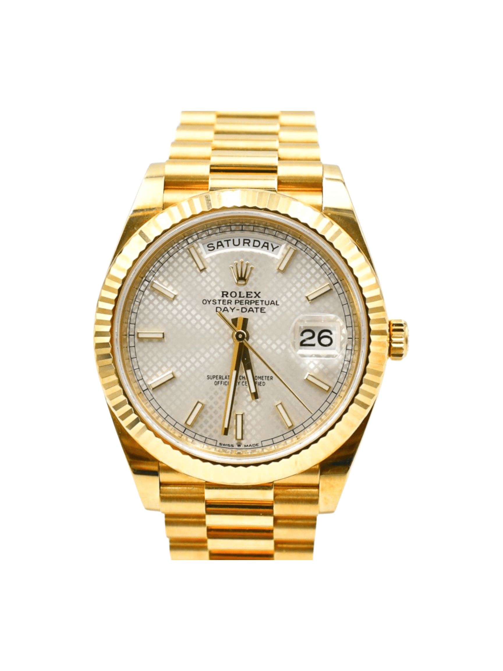 Rolex Day-Date 40 Yellow Gold Silver Diagonal Dial 228238 Bracelet