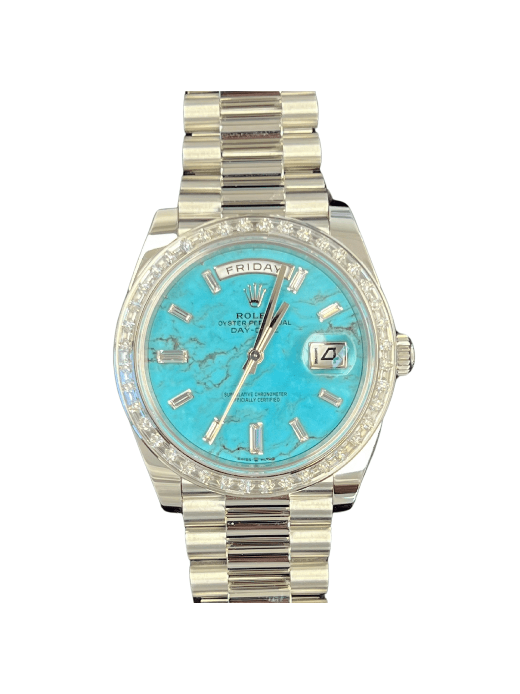 Rolex Day-Date 40 “Off Catalog” Platinum Turquoise Dial Factory Set Stones 228396TBR