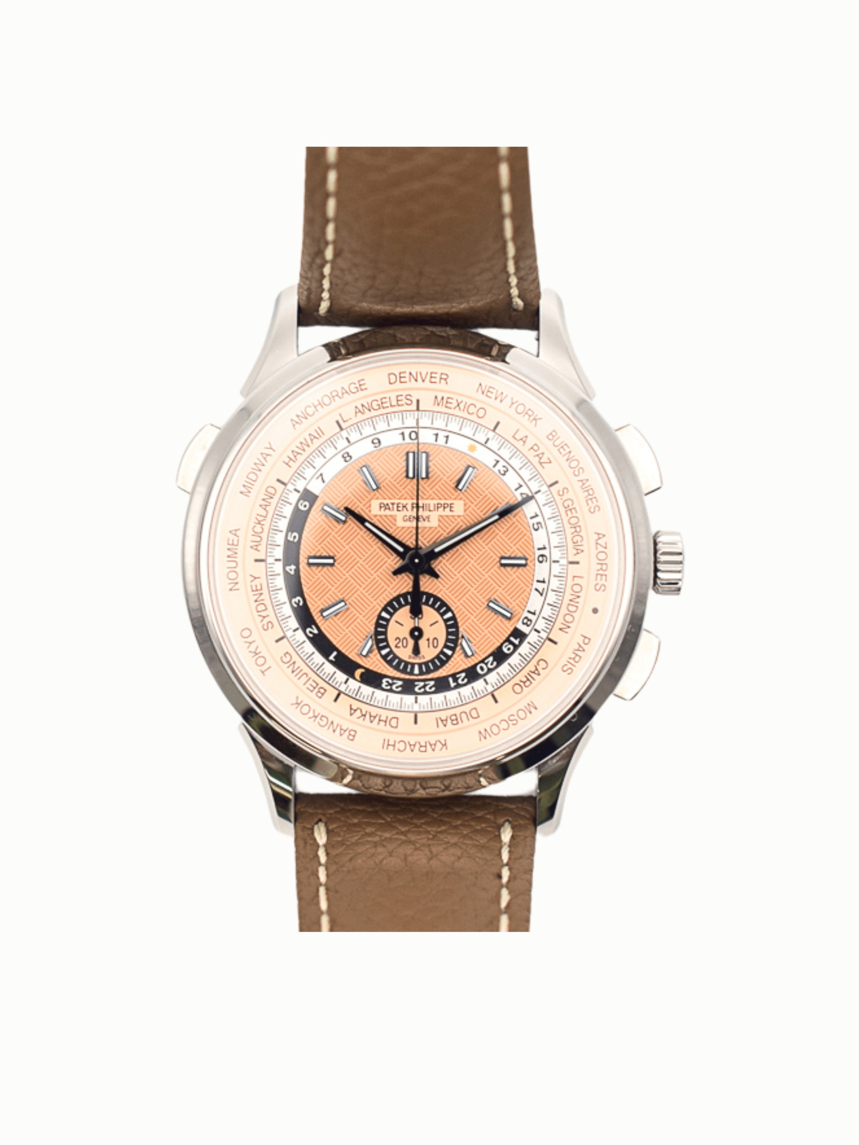Patek Philippe World Time Chronograph Flyback Stainless Steel Rose Dial 5935A-001