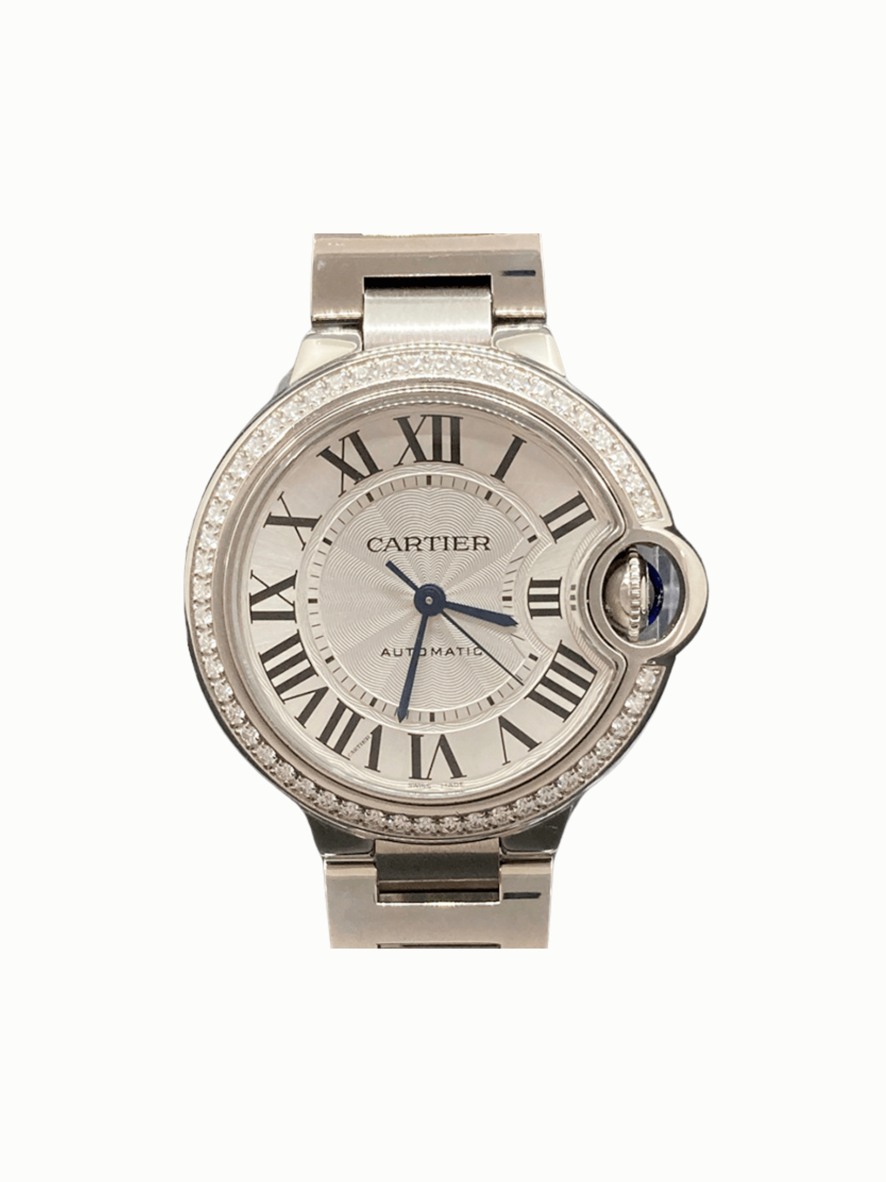 Cartier Ballon Bleu Stainless Steel Diamond Bezel Silver Roman Dial W4BB0016
