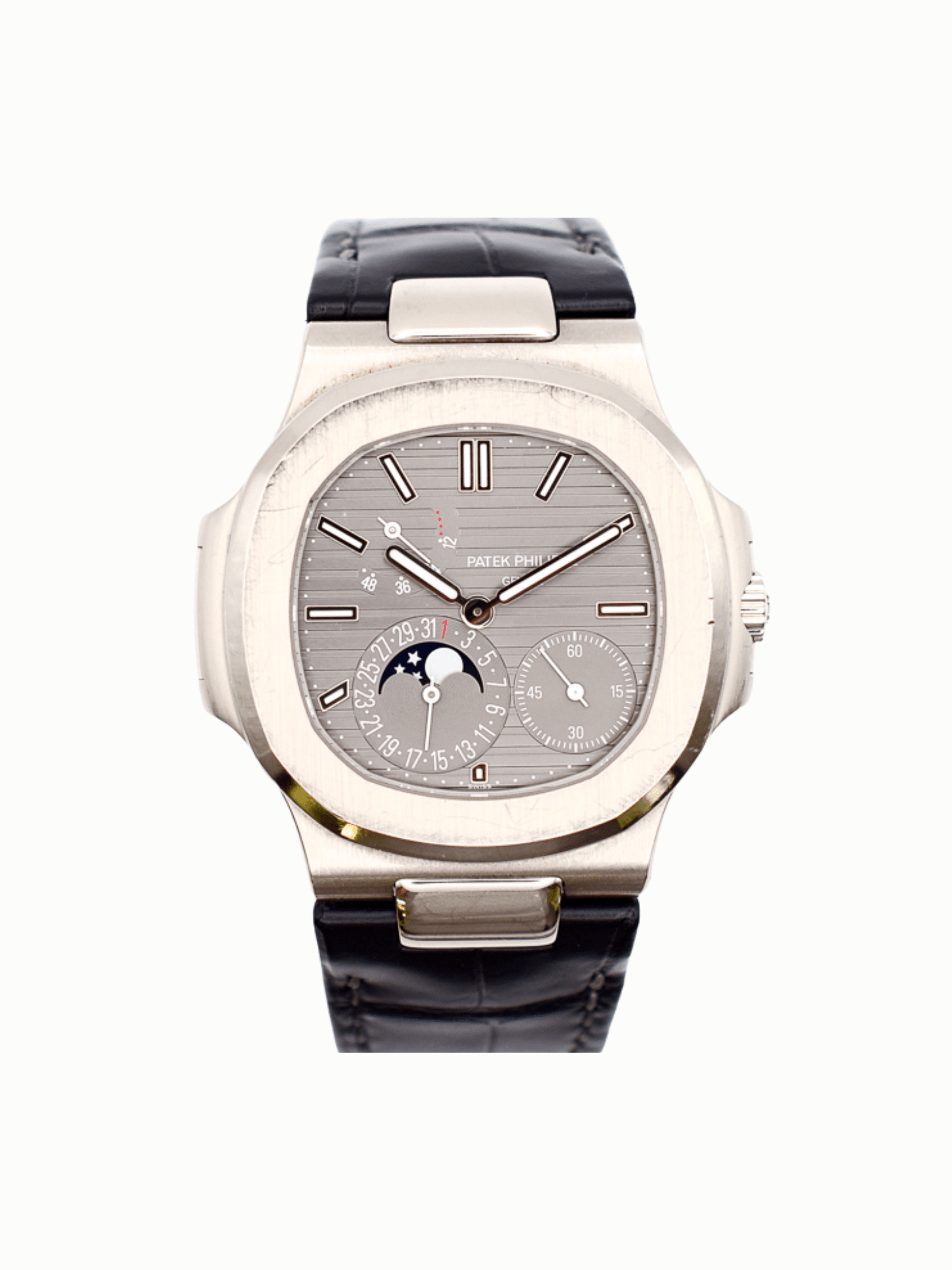 Patek Philippe Nautilus Moon Phase White Gold Grey Stick Dial 5712G-001
