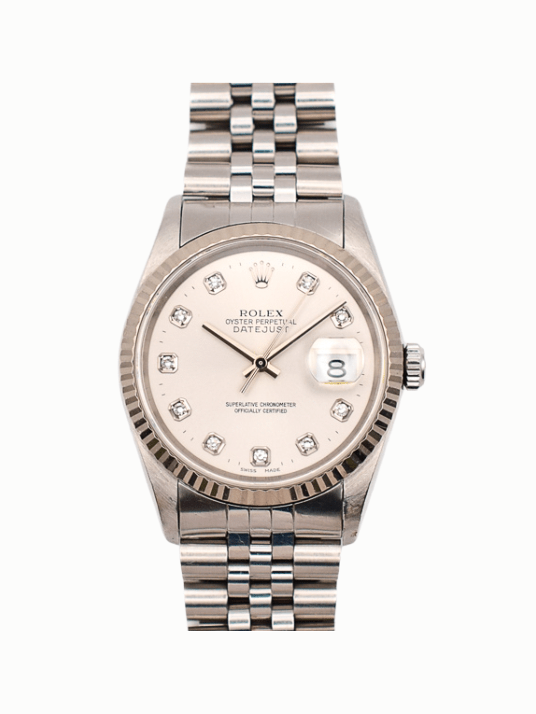 Rolex Datejust 36 White Gold and Steel Silver Diamond Dial 16234