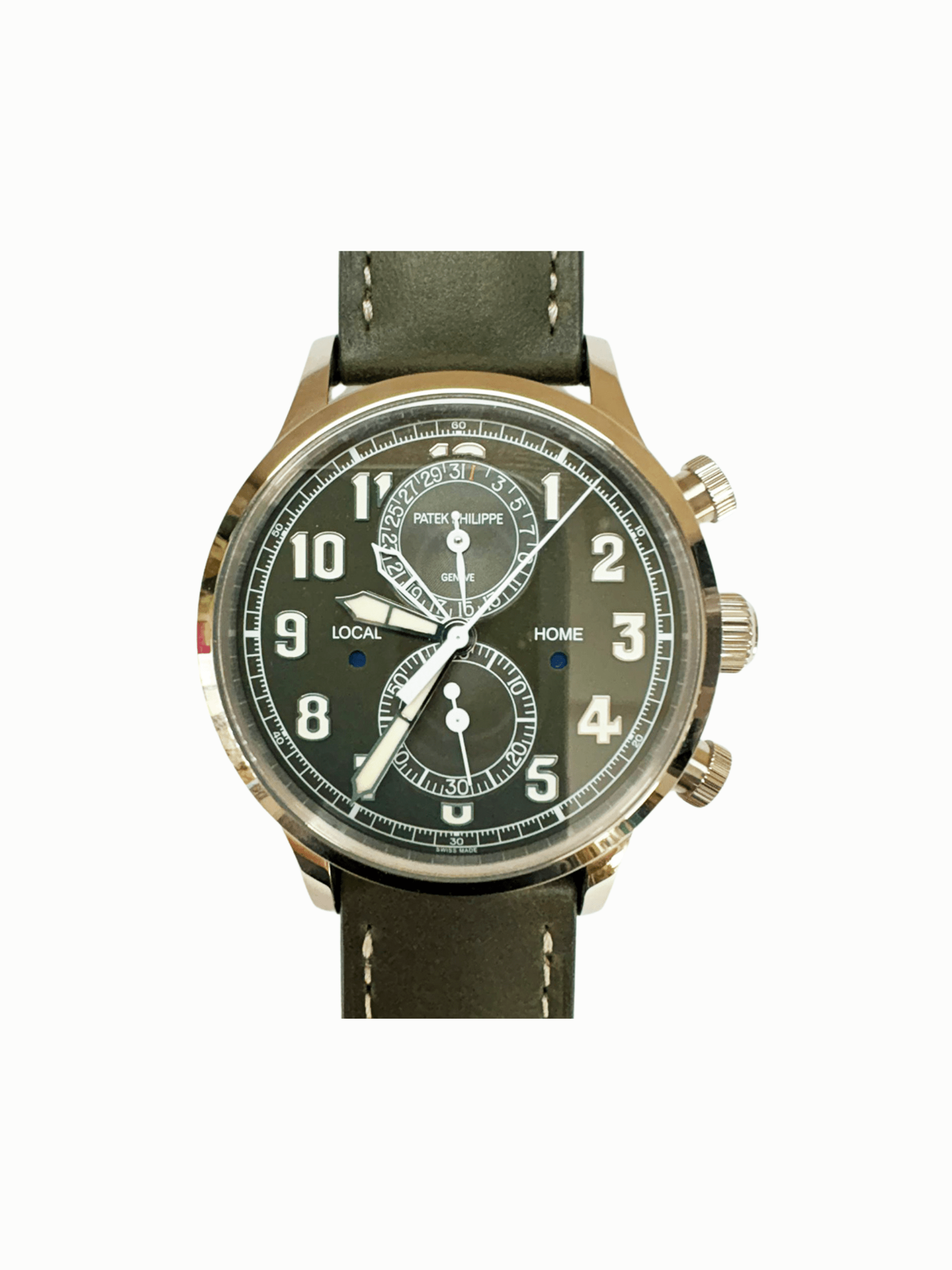 Patek Philippe Calatrava Pilot Travel Time Chronograph White Gold Green Arabic Dial 5924G-010