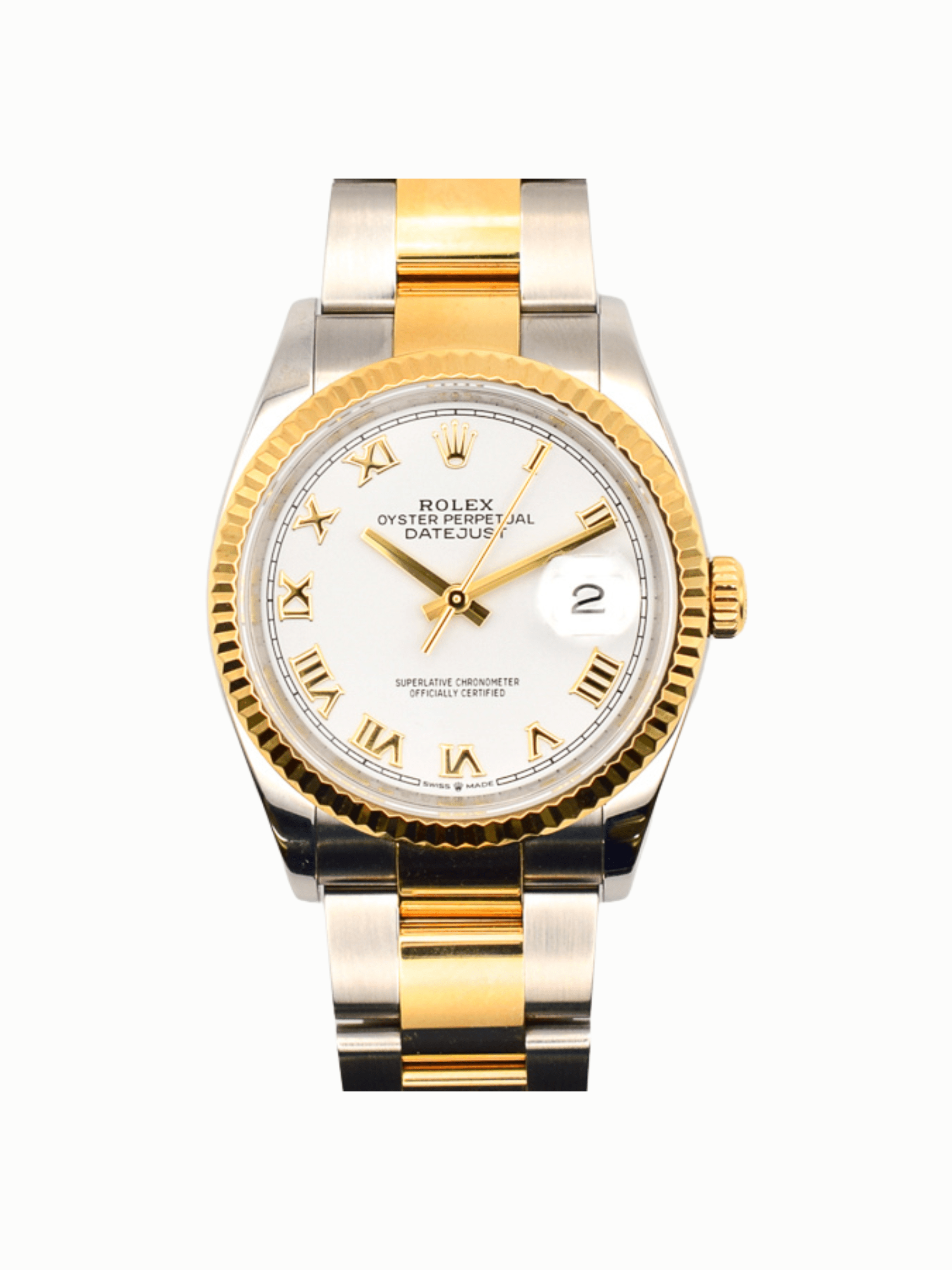 Rolex Datejust 36 Yellow Gold and Steel White Roman Dial 126233