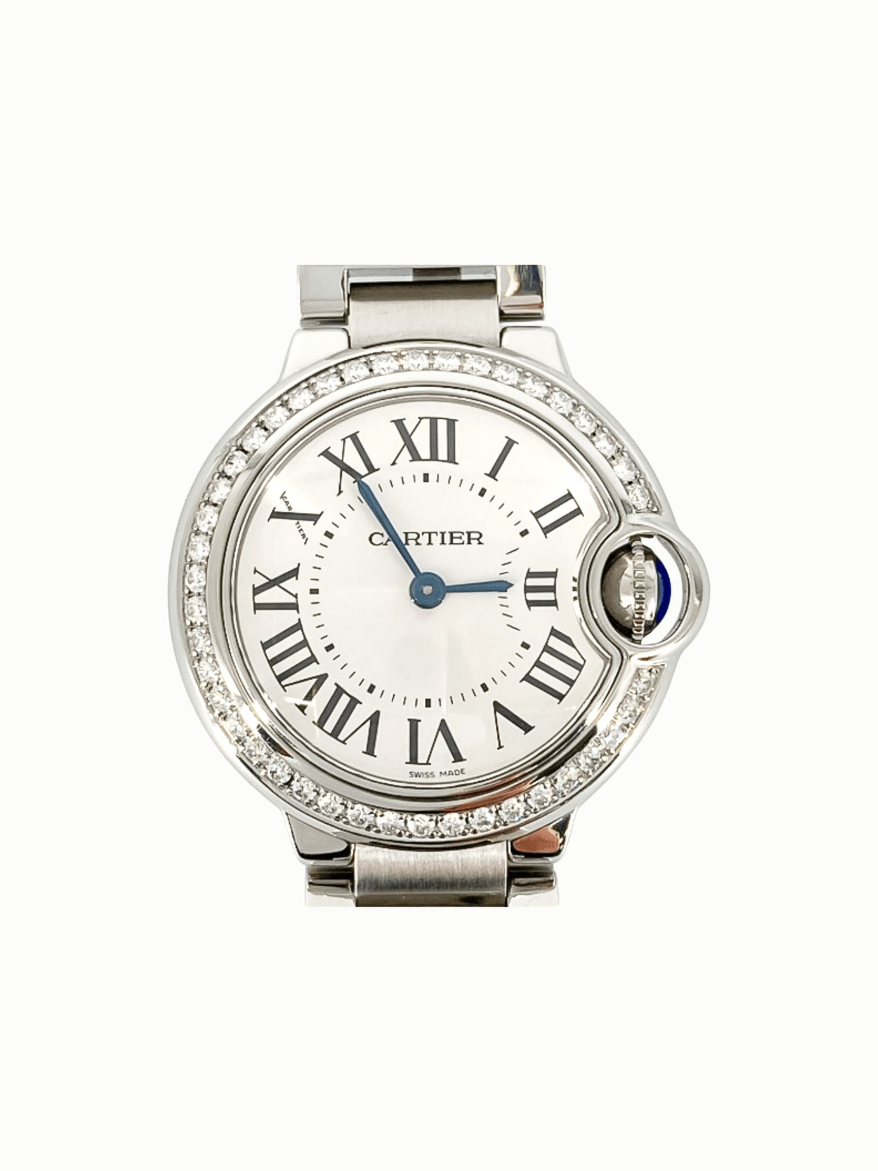 Cartier Ballon Bleu Stainless Steel Diamond Bezel Silver Roman Dial W4BB0015
