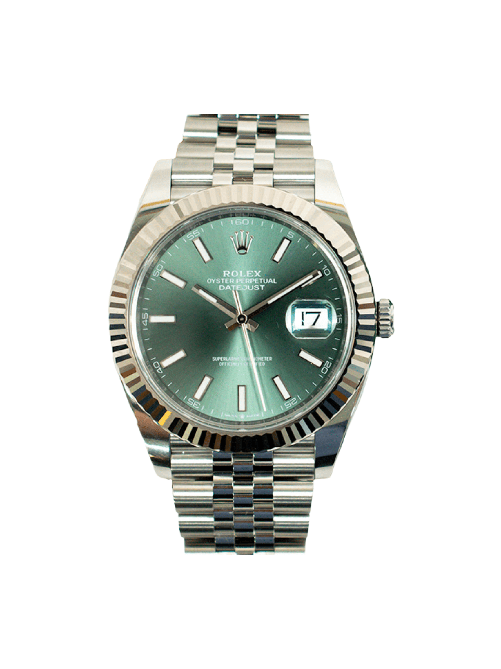 Rolex Datejust 41 White Gold and Steel Mint Green Stick Dial 126334