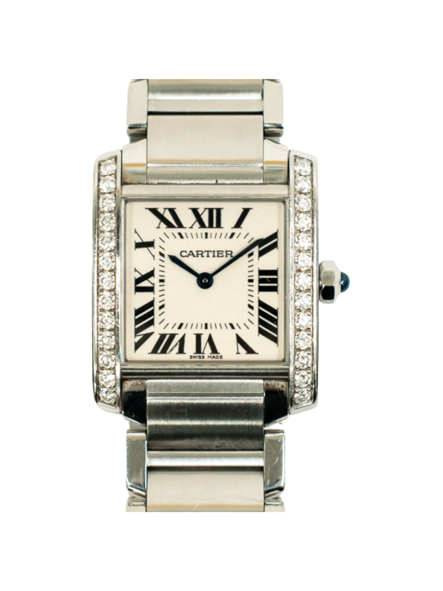 Cartier Tank Francaise Stainless Steel Diamond Bezel White Roman Dial W4TA0009